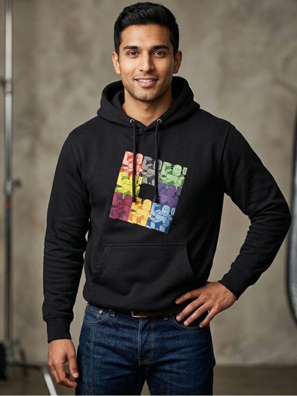 ROBLOX Mens  Colorblox Graphic Long Sleeve Black Hoodie Size Medium